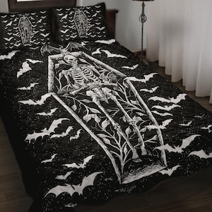 Bat Skull Skeleton Coffin Shrine 3 Piece Quilt Black And White-Gothic Coffin Bat Decor-Goth Batwing Bedding-