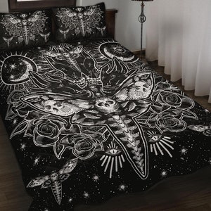 Skull Moth Secret Society Occult Style Quilt 3 Piece Set Black And White-Occult Bedding-Skull Bedding-Gothic Bedding-Occult Decor-