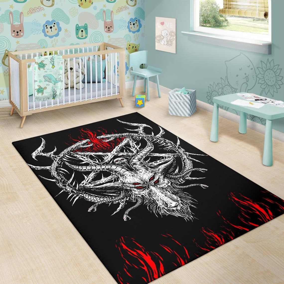 Satanic Area Rug Skull Satanic Goat Serpent Inverted Pentagram Flame Area Rug Black and ...