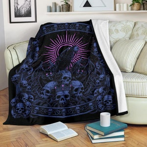Calavera Corona Demonio Gato Cuervo Trono Manta Noche Azul Rosa-Gótico Gato Manta-Gótica Calavera Manta-Calavera Manta-Gato Calavera Manta-