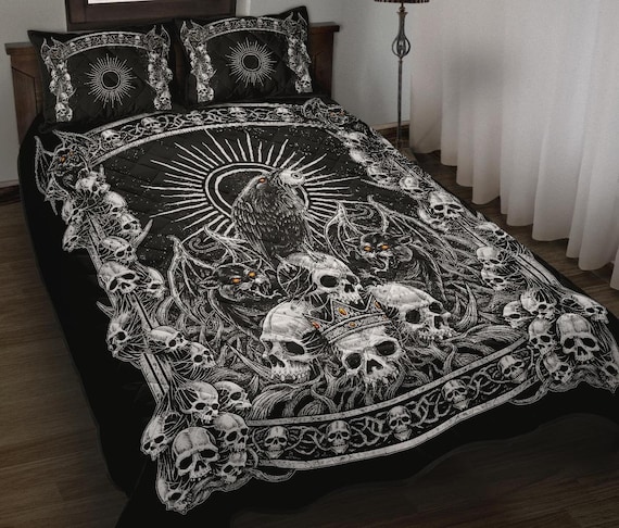 Skull Crown Demon Cat Crow Throne Quilt 3 Piece Set Black and