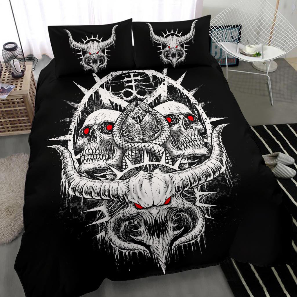 Skull Satanic Demon Serpent 3 Piece Duvet Set Black and White Red