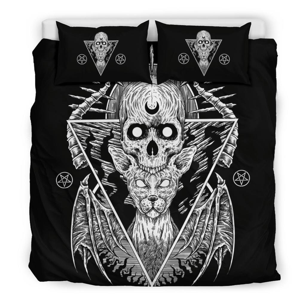 Discover Gothic Skull Cat Inverted Pentagram Version 3 piece Duvet Set-Gothic Skull Cat Bed Cover-Gothic Bed Cover-