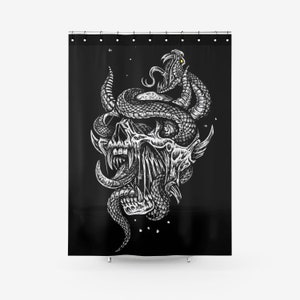 May include: A black and white illustration of a skull with a snake wrapped around it. The snake has a yellow eye and is biting the skull's head. The image is on a black background.