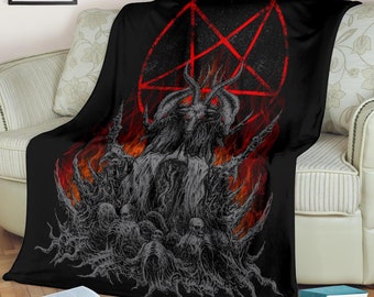 Skull Satanic Goat Satanic Pentagram Flame Original Silver Blanket-Baphomet Blanket-Satanic Blanket-Satanic Pentagram Blanket-