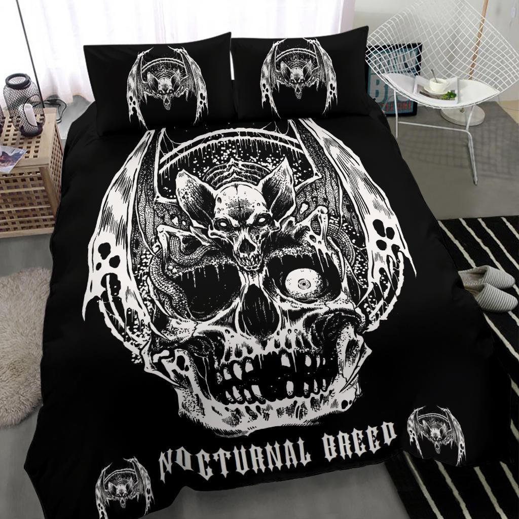 Gothic Skull Bat Nocturnal Breed 3 Piece Duvet Set-Gothic Skull Decor-Skull Home Decor-Gothic Skull Duvet Set-Gothic Skull Room Decor-