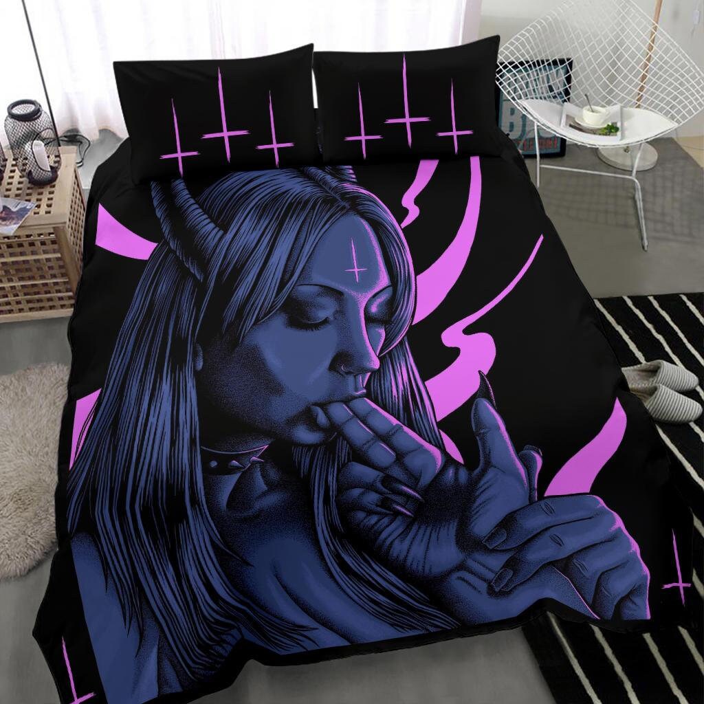 Discover Satanic Cross Satanic Demon Embrace The Master 3 Piece Duvet Set Erotic Blue Pink-Satanic Decor-