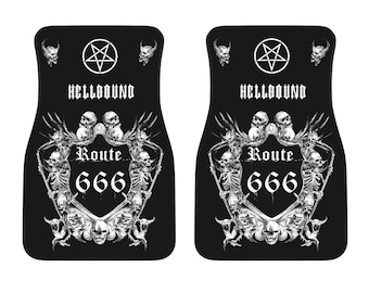 Schedel Skelet Satanic Pentagram Route 666 Auto Vloermatten Set Van 2-Satanische Auto Vloermatten-Satanische-