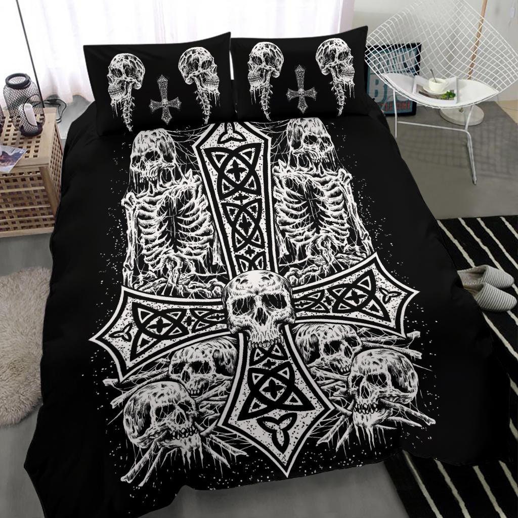 Discover Skull Skeleton Inverted Cross 3 Piece Duvet Set Version # 2-Satanic Bed Cover-Skull Cross Duvet-Inverted Cross Bed Cover-