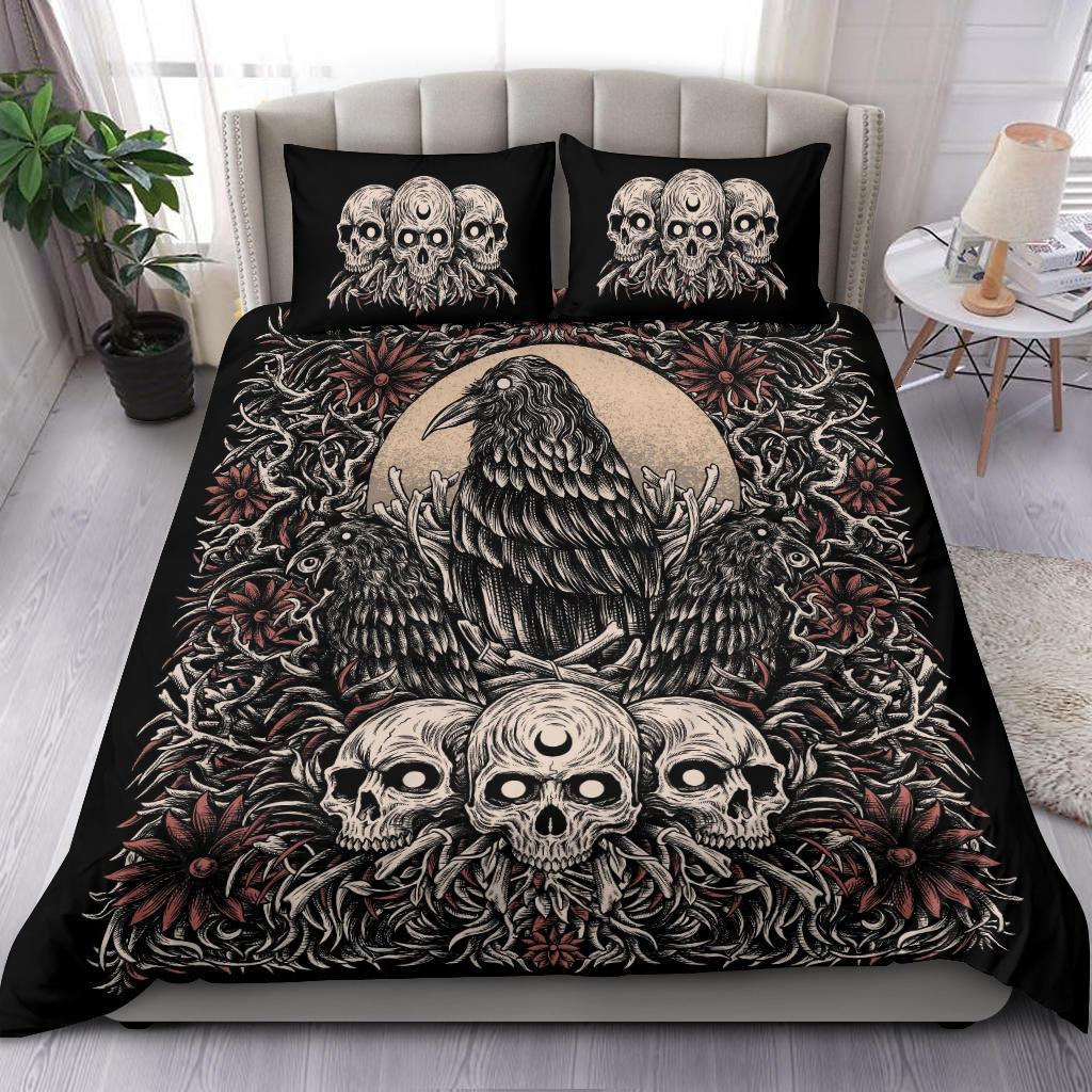 Discover Skull Gothic Occult Crow Eye N€W Dark Color White Skull Version 3 Piece Duvet Set-Goth Occult Skull Bedding-