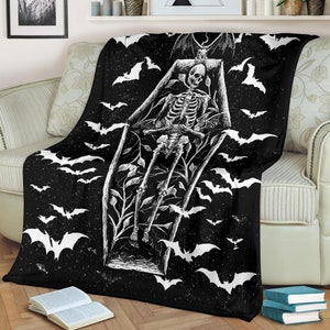 Bat Skull Skeleton Coffin Shrine Blanket Black And White Home Decor-gothic blanket -gothic coffin blanket-