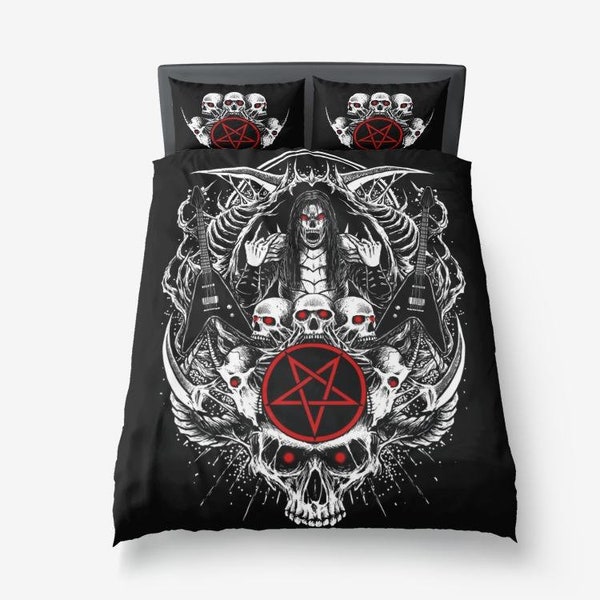 Skull Inverted Pentagram Guitar 3 pièces Microfibre Couette Set Version Rouge-Skull Guitare Couvercle de lit-Death Metal Chambre Décor-Crâne Pentagramme Lit-