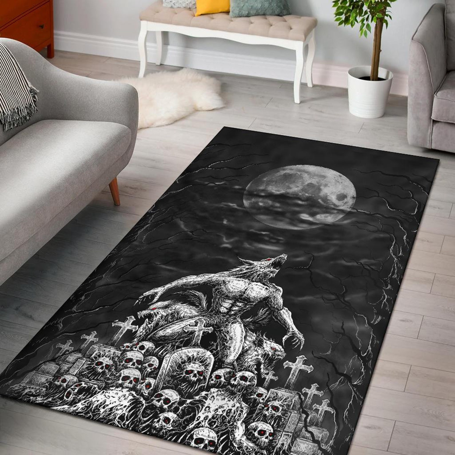 Skull Werewolf Demon Graveyard Area Rug Black and White Red - Etsy