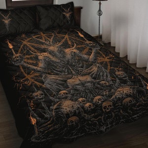 May include: Black and gold gothic style quilt featuring a large, skeletal figure with horns and a pentagram. The figure is surrounded by smaller skulls and flames.