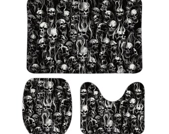 Skull Smoke 3 Piece Coral Velvet Bathroom Set Black And White-Skull Bathroom Decor-Skull Home Decor-Skull Decor-