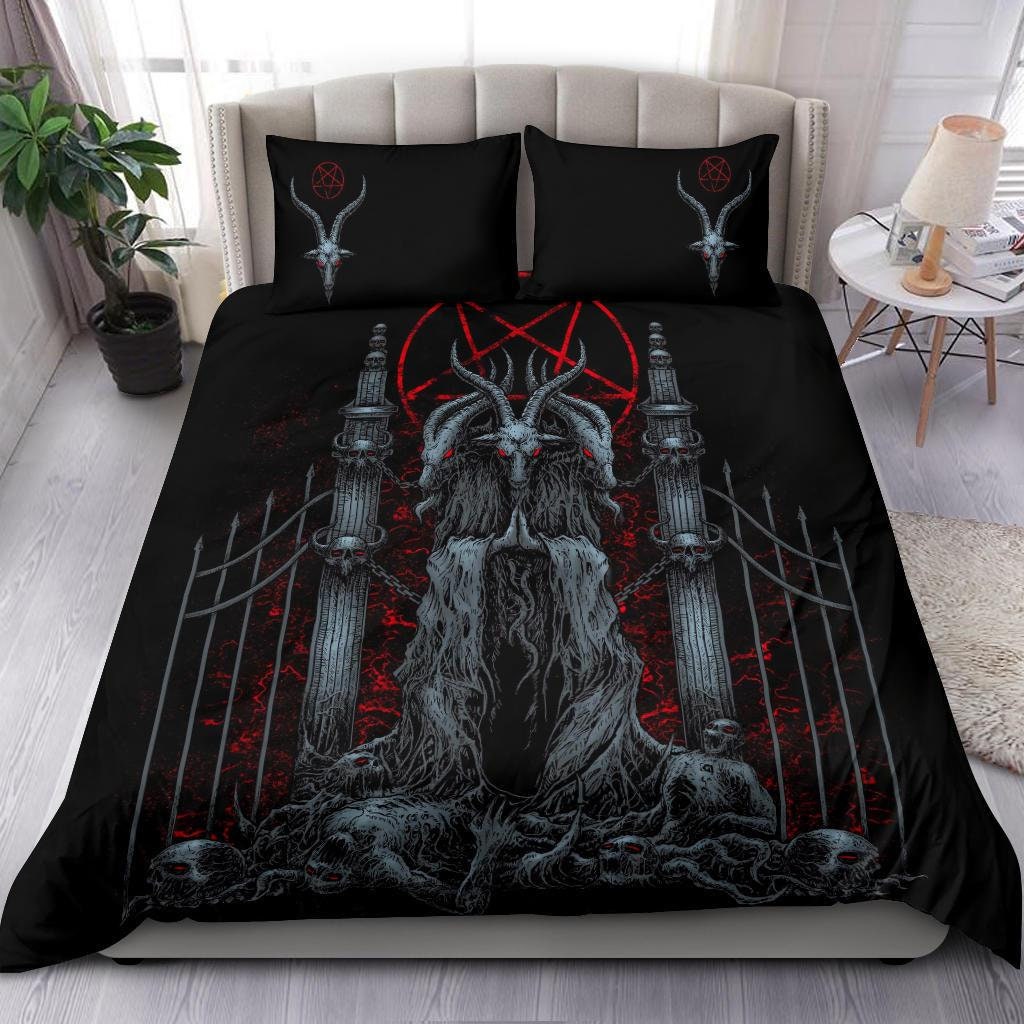 Discover N€W! Skull Satanic Goat Satanic Pentagram Welcome To Hell 3 Piece Duvet Set Color Version-Satanic Bedding-Satanic Goat-