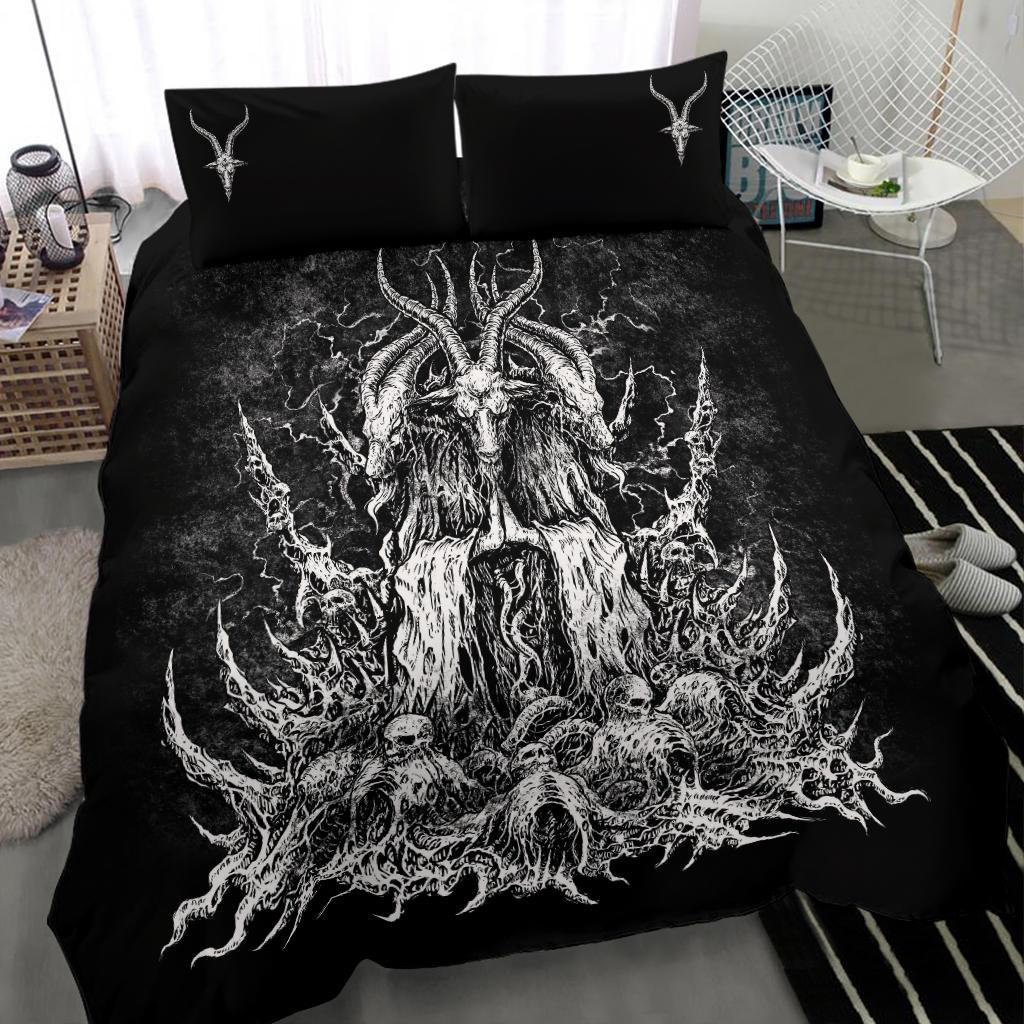 Discover Satanic Skull Goat 3 Piece Duvet Set Black And White Version With Pentagram Goat Pillow Cases-Satanic Goat Home Decor-Satanic Room Decor-