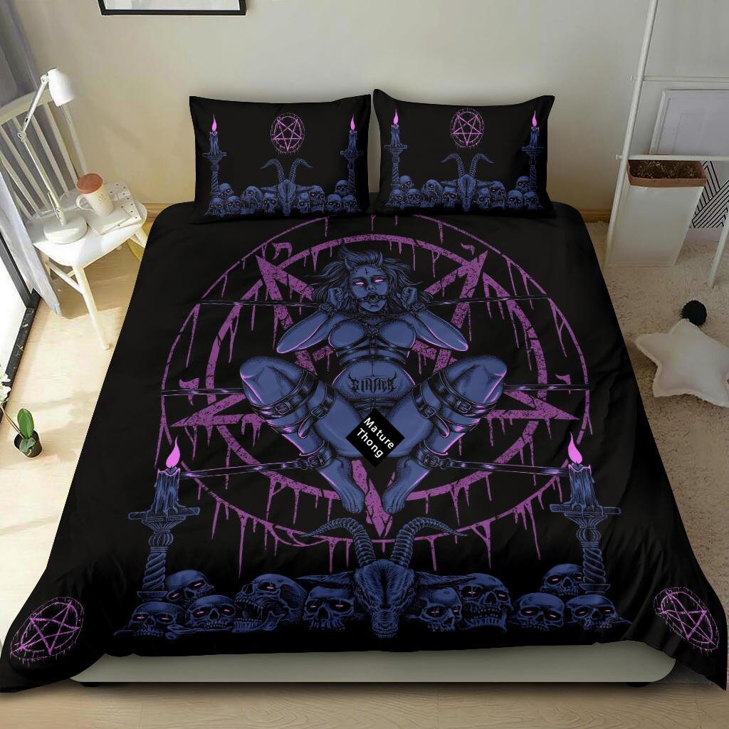 Discover Skull Demon Satanic Baphomet Goat Satanic Pentagram Chained To Sin And Lovin It 3 Piece Duvet Set Erotic Blue Pink Satanic Bedding