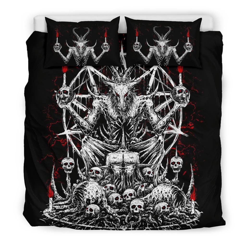 Discover Skull Skeleton Satanic Goat Eternal Impaled Torment Skull Candle Trophy 3 Piece Duvet Set Black And White Red-Satanic Skull Bedding-