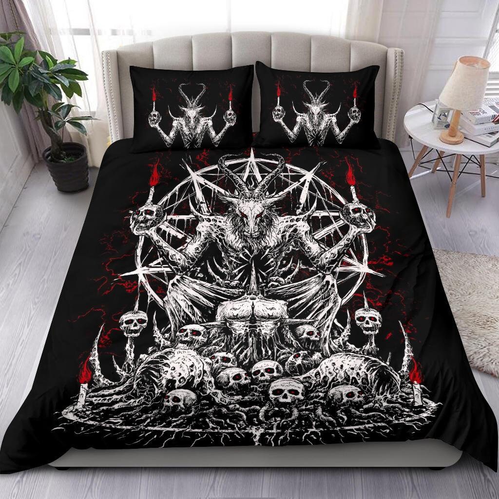 Discover Skull Skeleton Satanic Goat Eternal Impaled Torment Skull Candle Trophy 3 Piece Duvet Set Black And White Red-Satanic Skull Bedding-