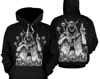 May include: Black hooded sweatshirt featuring a white graphic print of a demonic figure with horns and a crown of skulls. The figure is seated on a throne of skulls and surrounded by other demonic figures.