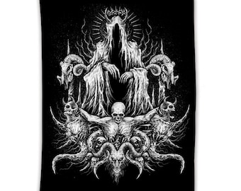 Skull Satanic Goat Demon Impaled and Crucified Tapestry Black And White 59 × 79'' -  satanic tapestry- pentagram wall - baphomet tapestry