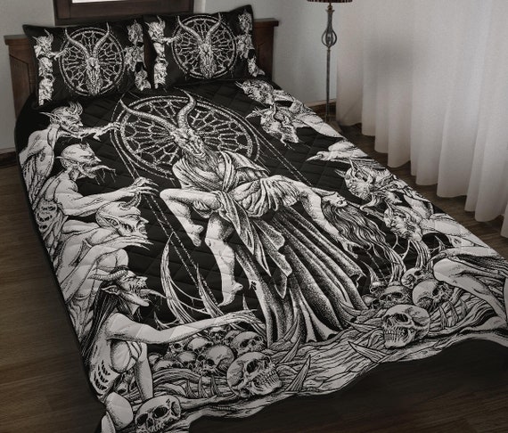 Skull Baphomet Goat Demon Frenzy 3 Piece Quilt Set Black and White