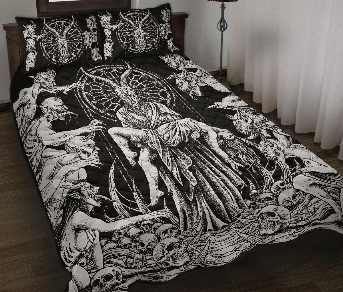 Skull Baphomet Goat Demon Frenzy 3 Piece Quilt Set Black and White