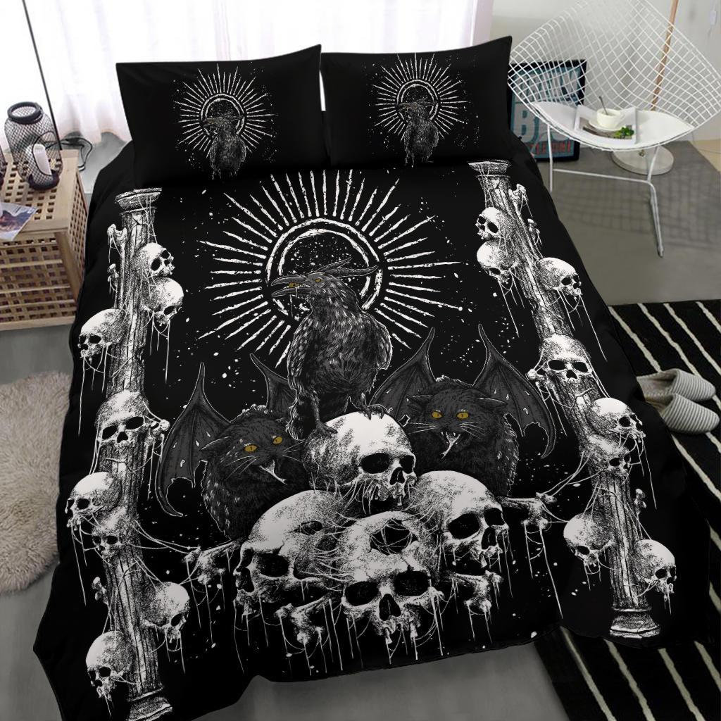 Skull Goth Occult Crow Bat Wing Demon Cat 3 Piece Duvet Set-goth