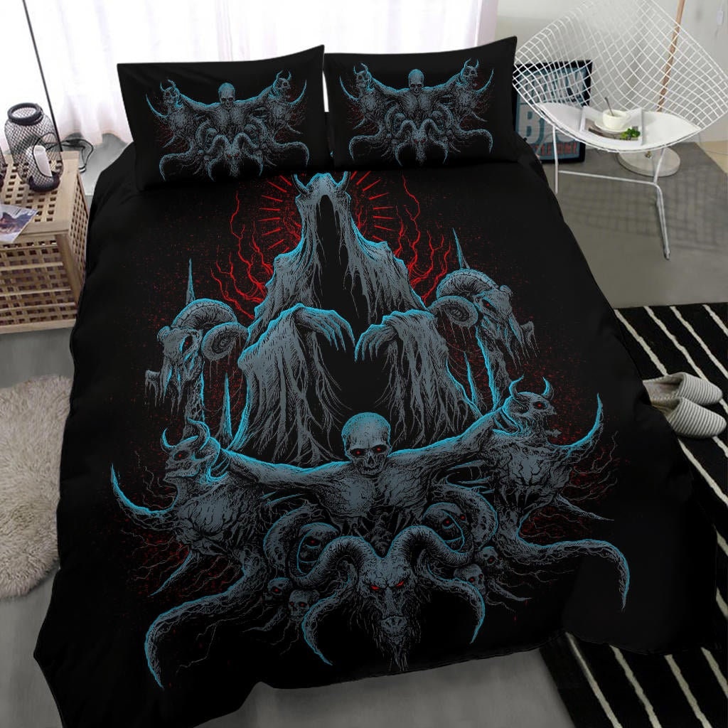 Discover Skull Satanic Goat Demon Impaled and Crucified 3 Piece Duvet Set Color Version - Baphomet Duvet - Baphomet Bedding - Baphomet bed cover