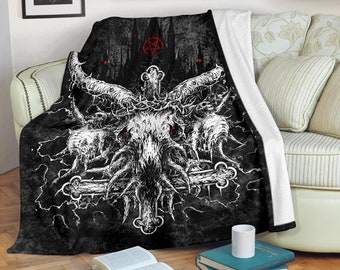 Skull Crowned Satanic Goat Satanic Cross Satanic Pentagram Night Church Blanket Red Pentagram Version-Satanic Goth Blankets-
