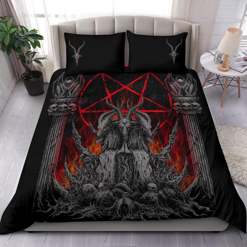 Discover Skull Satanic Goat Inverted Pentagram Winged Demon 3 Piece Duvet Set Silver Flame Version-Satanic Goat-