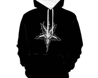 May include: Black hooded sweatshirt with a white graphic print of a goat's head inside a pentagram.