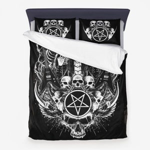 Skull Inverted Pentagram Guitar 3 Piece Microfiber Duvet Set-Death Metal Skull Duvet Set-Pentagram Skull Guitar Bed Cover-
