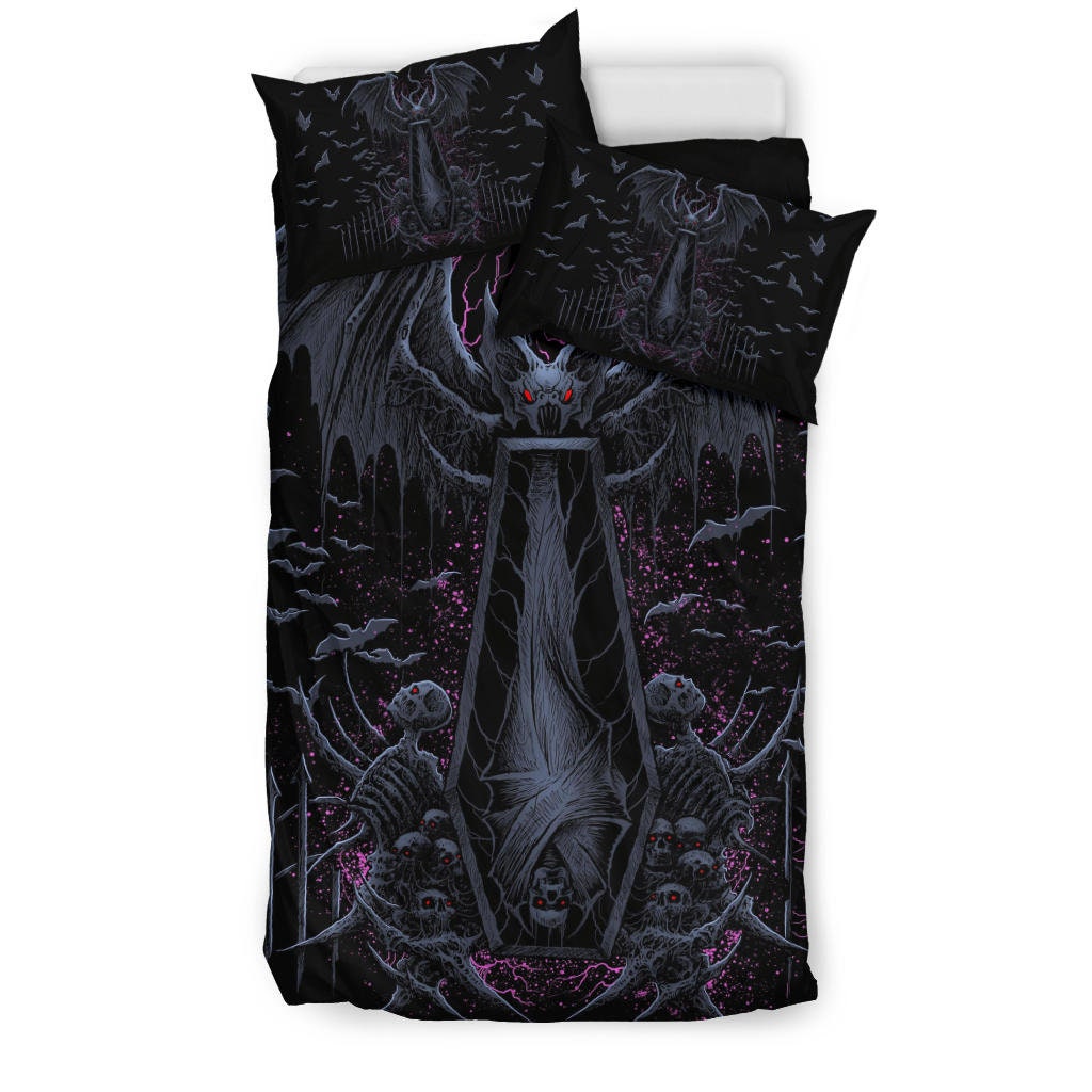 Discover Skull Batwing Skeleton Coffin Shroud 3 Piece Duvet Set Awesome Night Blue Pink-Gothic Bat Skull Bedding-Skull Bat Duvet-Coffin Duvet-
