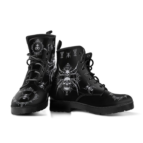 skull goth Satanic spider Leather Boots Black And White-Skull Punk Goth Satanic Boots-