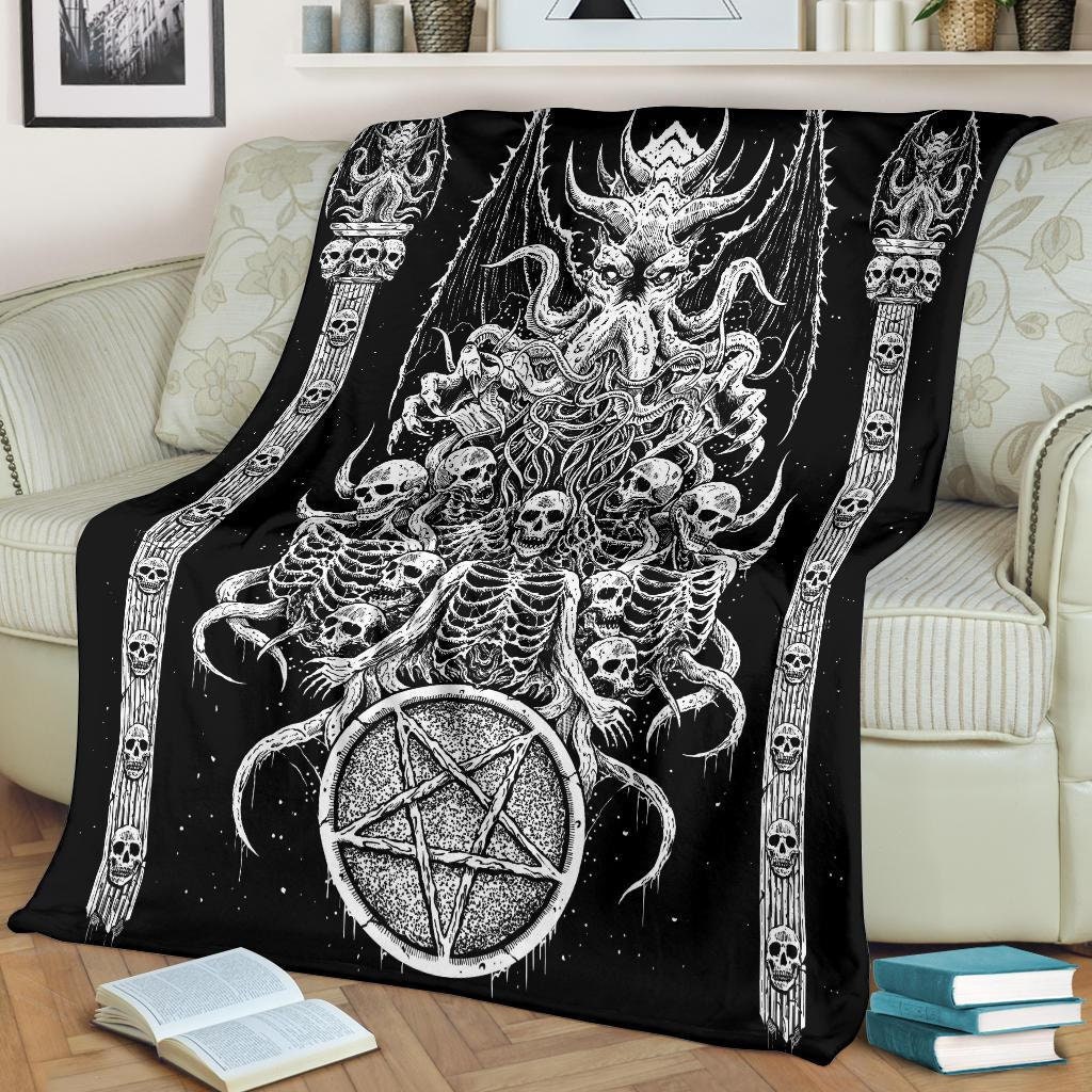 Discover Skull Skeleton Satanic Pentagram Demon Octopus Shrine Blanket