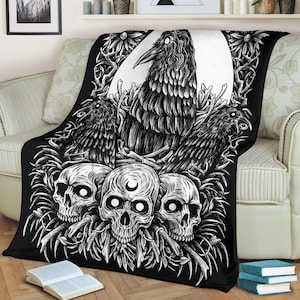 Skull Goth Occult Crow Eye New Dark Bright White Blanket-Skull Blanket-Skull Occult Blanket-Black Crow Blanket-