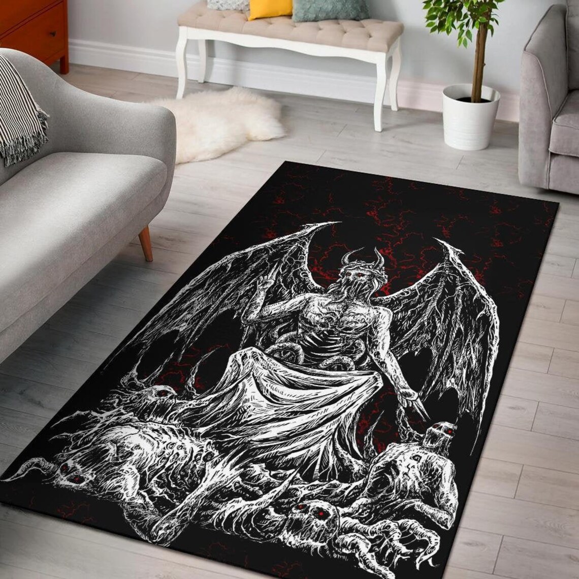 Satanic Area Rug Skull Skeleton Satanic Bat Wing Demon God Area Rug Black and White Red ...