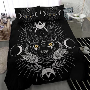 Gothic Occult Black Cat Unique Sphinx Style 3 Piece Duvet Set Eye Color Version-Gothic Bedding-Black Cat Decor-Goth Black Cat Duvet-Gothic-