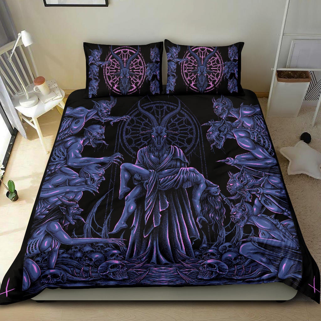 Skull Baphomet Goat Demon Frenzy 3 Piece Duvet Set Night Blue Pink