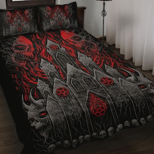 Nuovo! Teschio Demone Satanico Pentagramma Chiesa Fiamma 3 Pezzo Trapunta Rosso Fiamma-Satanico Biancheria Da Letto-Baphomet Biancheria Da Letto-