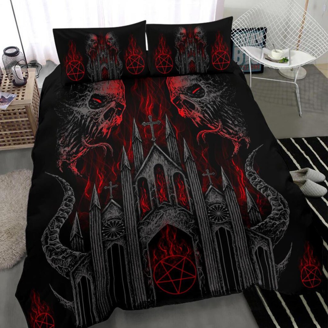 Skull Demon Satanic Pentagram Flame Church 3 Piece Duvet Set Dark