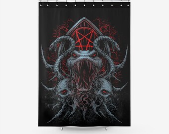 Cranio Pentagramma satanico Demone Serpente Tessuto testurizzato Doccia Tenda Colore Versione-Teschio Satanico Goth Occult Decor-