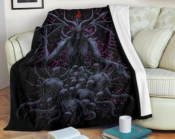 Skull Batwing Baphomet Blanket Night Blue Pink-Baphomet Blanket-Satanic Blanket-Satanic Pentagram Blanket-