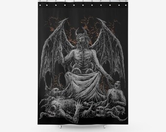 Skull Skeleton Satanic Demon God Textured Fabric Shower Curtain Dark Version-Satanic Skull Goth Occult Home Decor-