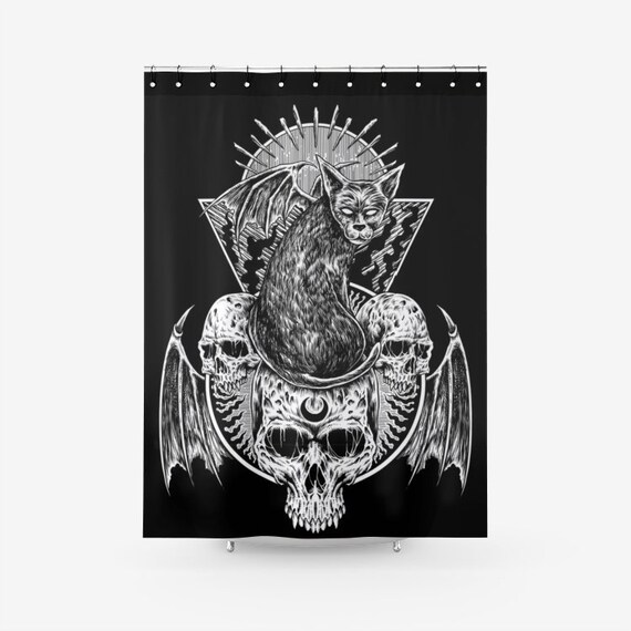 Skull Gothic Bat Wing Black Cat Textured Fabric Shower Curtain-Skull Goth Bathroom Decor-Skull Gothic Decor-Skull Shower Curtain-