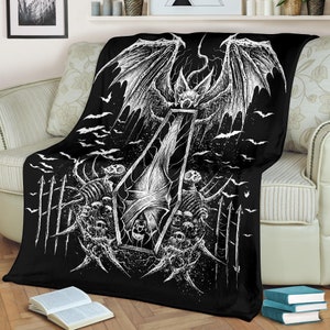 Skull Batwing Skeleton Coffin Shroud Blanket Black And White-Gothic Coffin Blanket-Gothic Coffin Decor-Skull Coffin Blanket-Bat Skull -