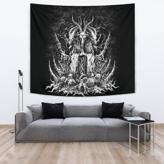 Skull Satanic Goat Huge Wall Tapestry Original Black and White