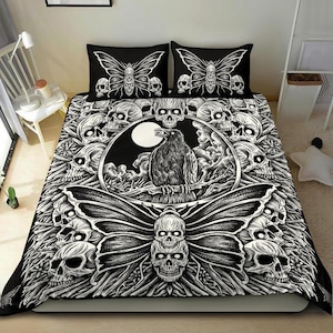 Skull Occult Crow Moth 3 Piece Duvet Set Black And White Version-Skull Goth Occult Duvet-Skull Bedding-Occult Bedding-